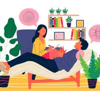Patient counseling with psychologist vector illustration. Psychotherapy session concept with adult woman mental therapist. Man dealing with stress and depression